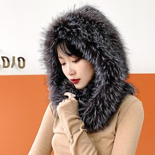 Natural real fox fur snow hat hand knitted scarf hat integrated scarf hat to keep warm Versatile Ear protection