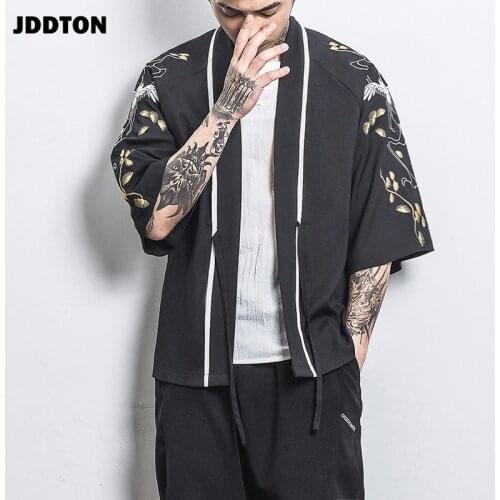 JDDTON New Summer Mens Open Cardigan Cotton Embroidery Vintage Jackets Clothing Casual Male Streetwear Sleeve Coats JE162