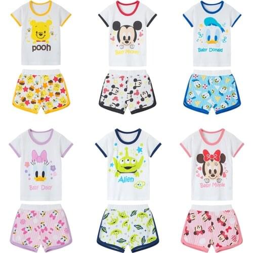 Summer Childrens Clothing Sets Boys Kids Sleeveless Cartoon Mouse Minnie Striped T-Shirt Pants Girls Suit Cotton Clothes Set