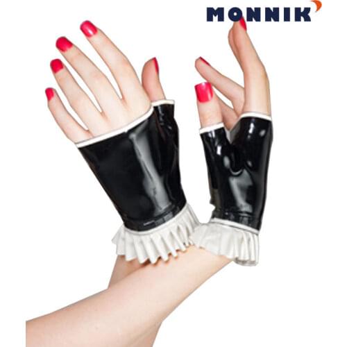 MONNIK latexSexy Black Latex Rubber Gloves with Lace Gummi 0.4mm Club Wear for Catsuits