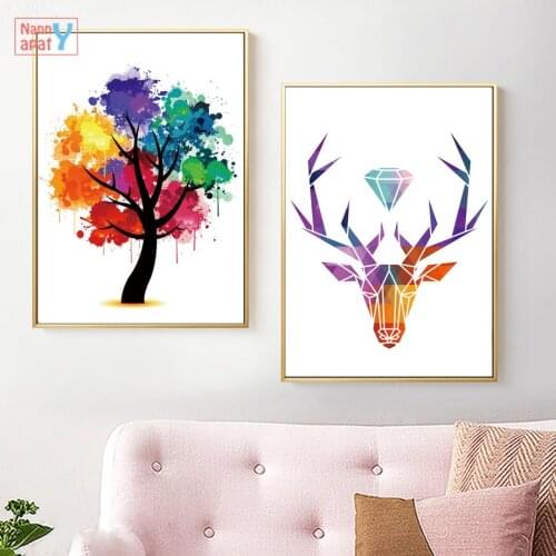 Colorful Rainbow Tree Deer Wall Art Pictures For Living Room Canvas Painting Nordic Posters And Prints Abstract Wall Home Decor