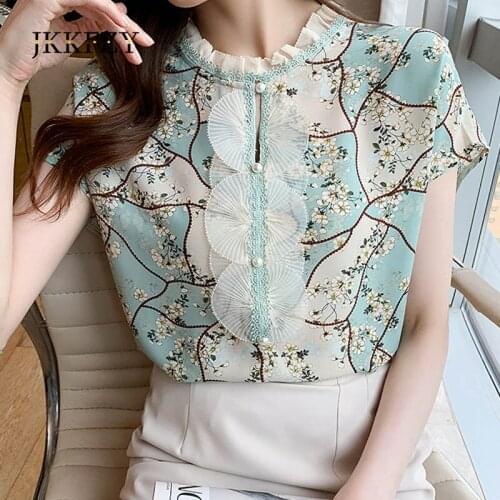 Summer 2021 New Fungus Collar High-End Chiffon Blouses Fashion Retro Print Short-Sleeved Shirt Woman Chic Top