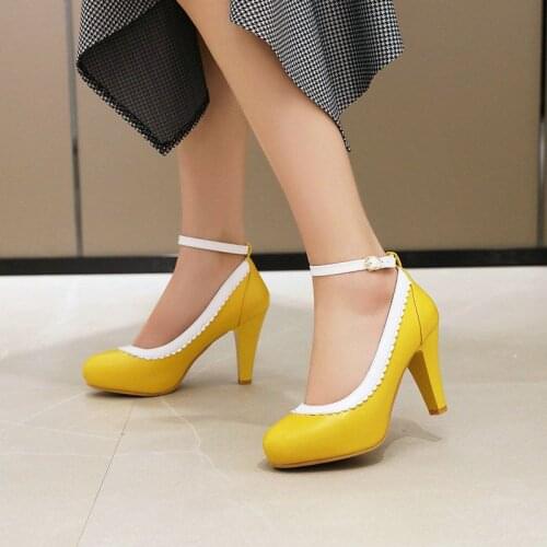 IPPEUM Spring And Autumn New Style Buckle Womens Shoes Pumps Round Toe Thick Heel High Heels