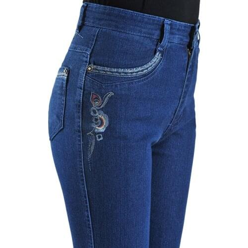 New Female Embroidery Elasticity Denim Pants Fashion Casual Jeans Women High Waist Trousers Straight Pants