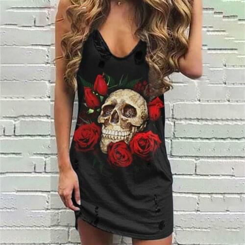 2021 Summer New Women Skull Print Fashion Casual Sleeveless Mini Dress Hole V-neck Vest Punk Plus Size Loose Y2k Dresses