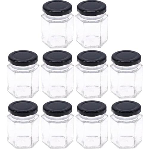 10pcs Hexagon Transparent Glass Bottle Honey Storage Bottle Empty Jar Nut Sugar Canister Tank For Home Kitchen