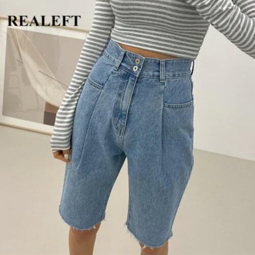 REALEFT 2021 New High Waist Chic Women Denim Half Pants Buttons Casual Fashionable Straight Female Blue Jeans Trouses Summer