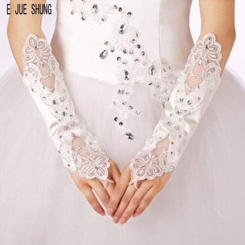 E JUE SHUNG Luxury Wedding Gloves White Fingerless Lace Satin Bridal Gloves Elbow Length Wedding Dress Accessories For Women