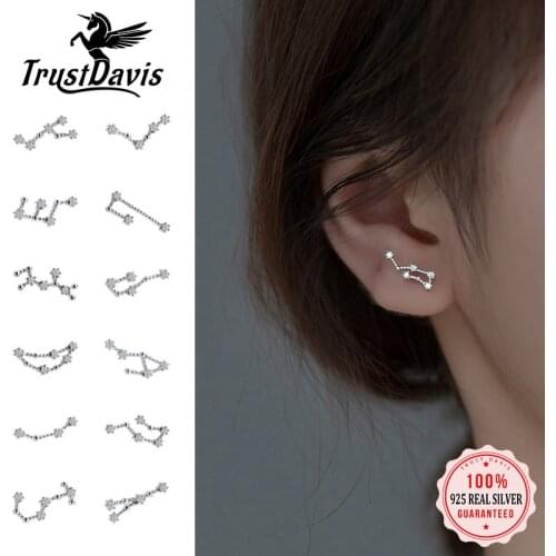 Trustdavis 100% 925 Solid Real Sterling Silver Jewelry 12 Constellation Stud Earrings Birthday Gift For Women Girls DA330