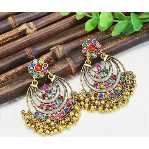 Vintage Colorful Crystal Bells Charms pendant Tassel Indian Drop Earrings for Women Boho Ethnic Festival Party Jewelry