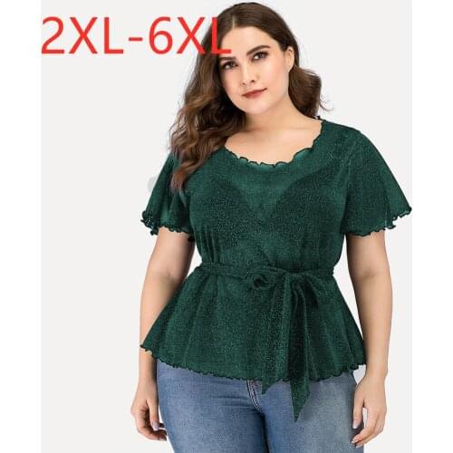 New 2021 summer plus size tops for women large blouse short sleeve loose casual thin sexy green shirt belt blue 3XL 4XL 5XL 6XL