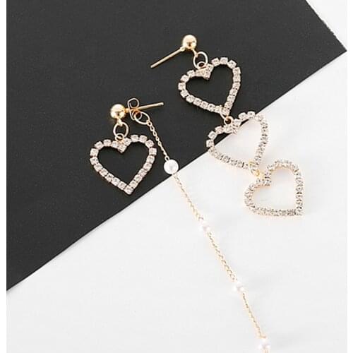 2021 Korean Charm Simulated Pearl Tassel Crystal Love Heart Earrings For Women Fashion Asymmetric Earring Wedding Party Gift