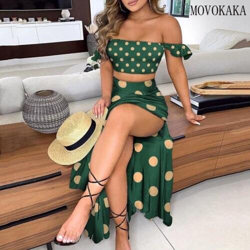 MOVOKAKA Summer Green Dots Dress Sets Party Sexy Long Dress Sets Women Plus Size Tops And Split Skirt Suit Elegant Two Piece Set