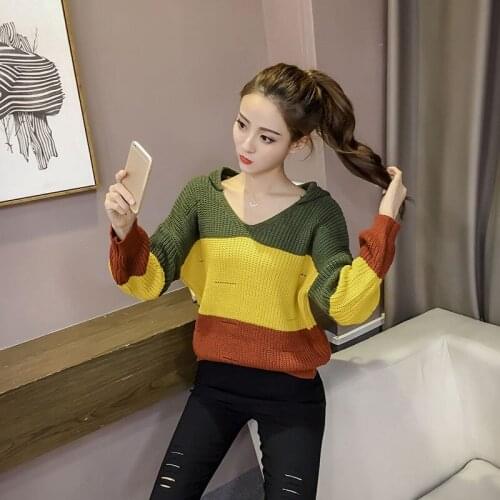 Womens sweater loose long sleeves with hat top Korean version of the net short section hood christmas sweater turtleneck