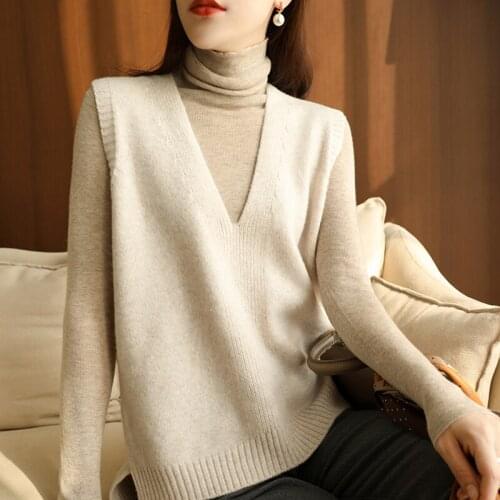 Autumn Winter 2021 Knitted Jumper Women Sweater Vest V-neck Loose Vest Sweater Fashion Women Sleeveless Pullover Sweaters 16360