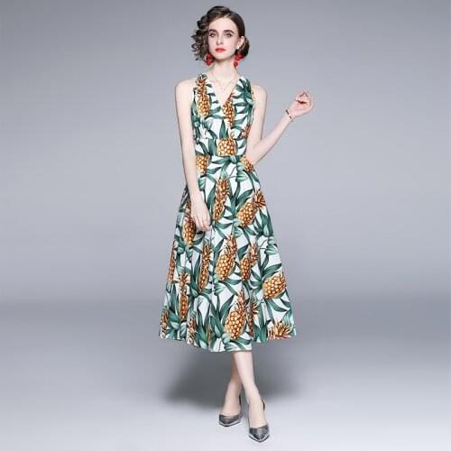 2021 New Summer Women Sexy V-Neck Backless Sleeveless Slim Long Dress High Quality Designer Pineapple Print Runway Dress