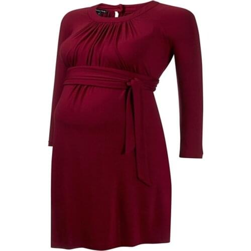 Maternity Women Dress Summer Long Sleeve O-neck Knee Length Dress New Moms Solid Fashion Western Style Loose Elastic Dress