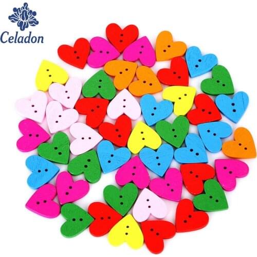 100pcs 19mm Mix Colors Heart Shape 2-Holes Wood Flatback DIY Wooden Buttons Sewing Craft Scrapbooking