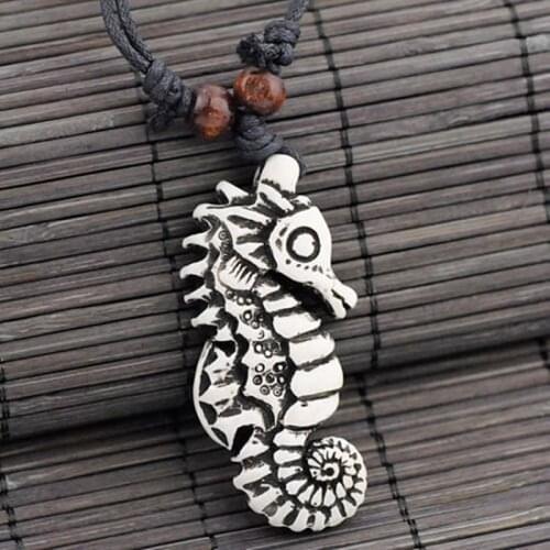 1x Lovely Imitation Yak Bone Carved White Hippocampus Pendants Adjustable Surfering Necklace Amulet Gifts MN167