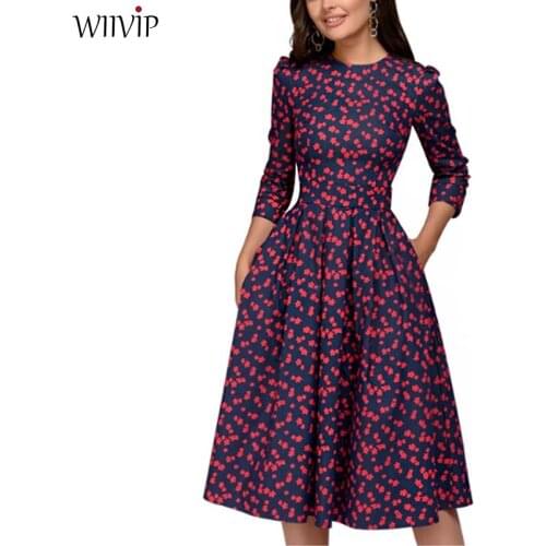 2019 New Women Elegent A-line Dress Vintage Printing Floral Party Vestidos Three Quarter Sleeve Women Spring Dress Female 91130