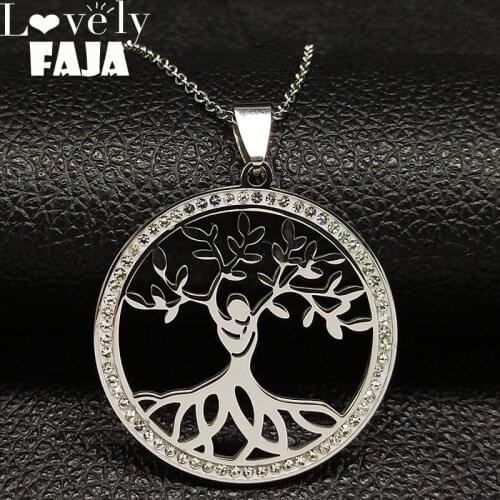 2021 Fashion Tree of Life Crystal Stainless Steel Necklace for Women Silver Color Pendant Necklace Jewelry collar mujer K21S03