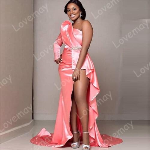 2021 Plus Size African Style Crystals Evening Dresses Long Sleeves One Shoulder High Split Mermaid Evening Formal Party Gowns