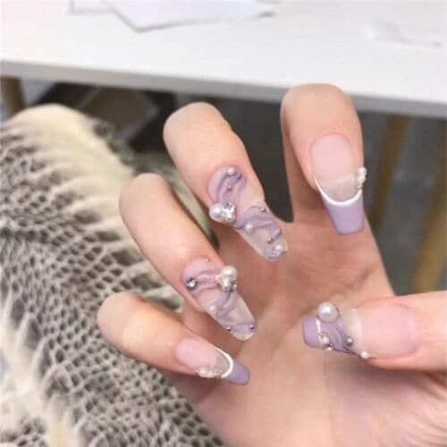 24pcs Pearls Inlaid Nail Patch Purple Glue Type Removable Long Paragraph Fashion Manicure Save Time False Nail Patch NE