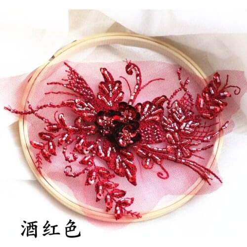 4 Pieces Bridal Lace Appliques Red Navy Red Champagne Beads Lace Applique Flower Embroidered Trim For Wedding Dress