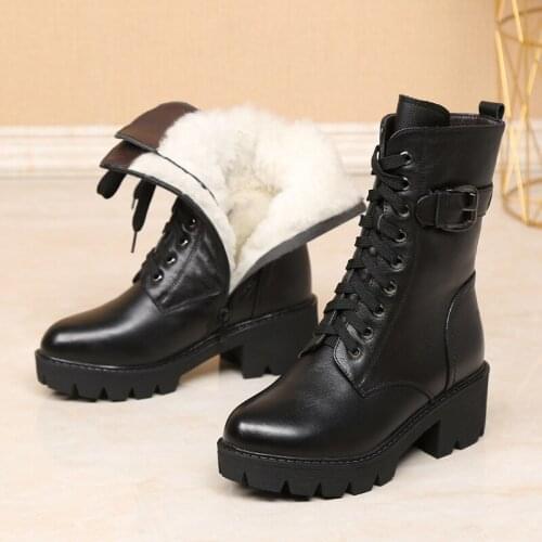 Full Cowhide Cross Strap Side Zipper In-tube Martin Boots Warm Winter Boots Plush Wool Warm Snow Boots Women Leather Shoes Boots
