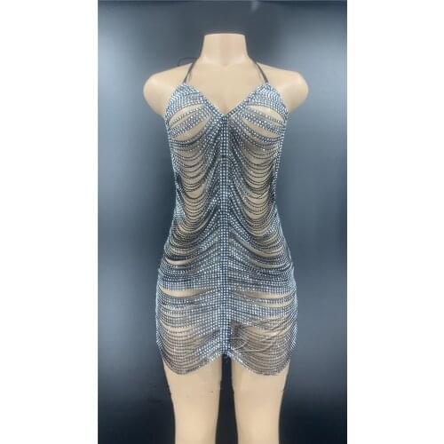 Black Birthday Celebrate Party Dress Bar Club Dance Hollow Outfit Shining Fake Rhinestone Chains Halter Backless Short Dress