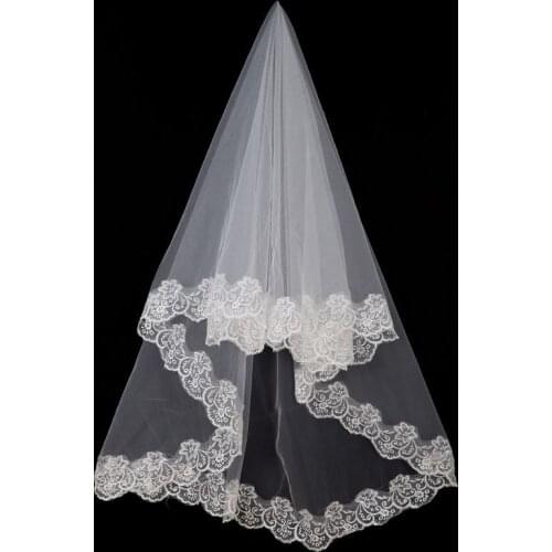 Romantic White 1-Tier Elbow Length Wedding Veil with Applique Edge Bridal Veils