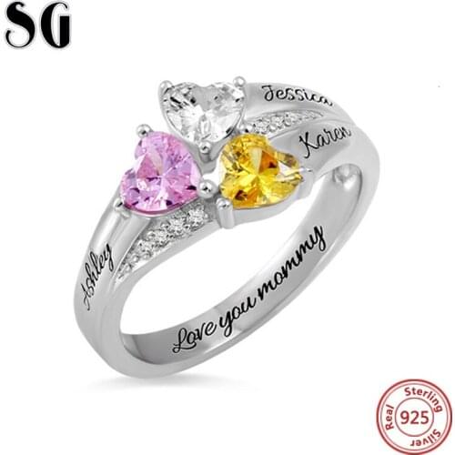 Hot 925 Sterling Silver Custom Heart Birthstone Engraved Names Ring for Women Wedding & Anniversary Jewelry