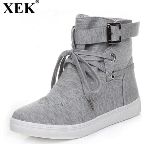 XEK HOT Autumn Women Boots Casual Canvas Shoe Woman Flat Solid Ankle Boots Black and Grey Platform Shoes Woman Size 36-41 WFQ113