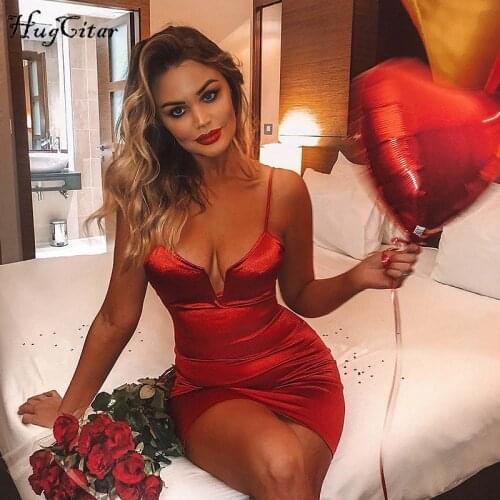 Hugcitar satin spaghetti straps V-neck bodycon mini dress slim 2019 summer party club sleeveless clothes