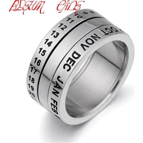 Hiphop/Rock Number and Month Letter Rotatable rings for men Titanium Stainless Steel Punk Party Ring Jewelry