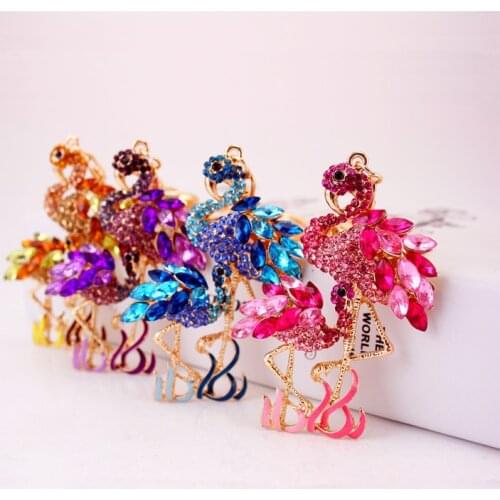 Creative cute cartoon two flamingo keychain animal metal crystal rhinestone pendant keychain bag pendant jewelry 4 colors