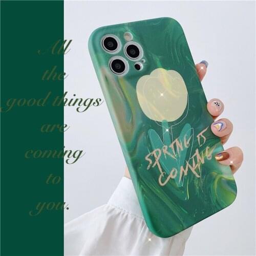 Retro sweet girls Korean tulip Flowers green art Phone Case For iPhone 11 12 Pro Max Xs Max XR Xs 7 8 Plus 7Plus case Cute Cover