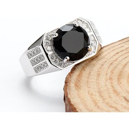 925 Sterling Silver Men Ring with Geometric Black Big CZ Stone Simple Rings with Clear CZ For Men Fine Jewelry