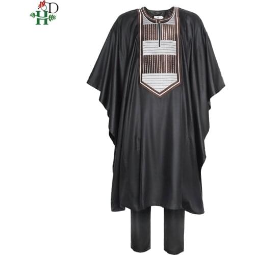 H&D African Agbada Robe Men 3 Pieces Set Embroidery Dashiki Shirt Africa Clothes Short Sleeve Cover Tops Pants Suit Robes Outfit