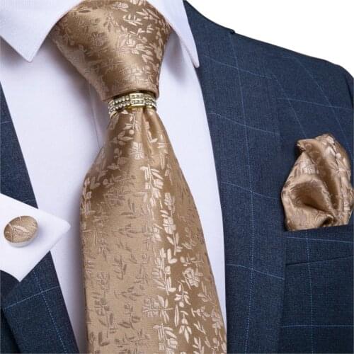 Men Tie Gold Solid Floral Quality Wedding Tie For Men Necktie Ring Hanky Cufflink Silk Tie Set DiBanGu Design Business JZ03-7270
