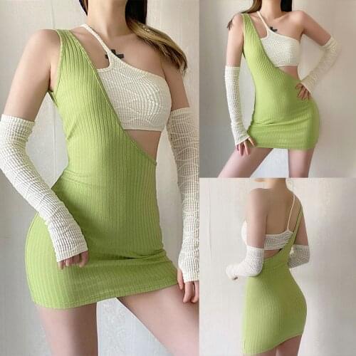2021 New Female Strap Dress One Shoulder Sleeveless with Solid Color Oversleeves for Women Green, S/M/L