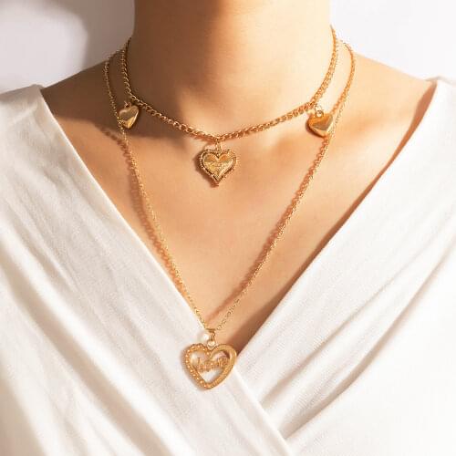 Docona Fashion Gold Heart Shape Pandent Necklace for Women Creativity Geometric Letter Female Wedding Jewelry Wholesale 17698