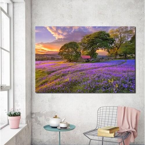 Sunset Lavender Flower Fields Poster Canvas Painting Print Living Room Home Decor Modern Wall Art Oil Painting Pictures Artwork