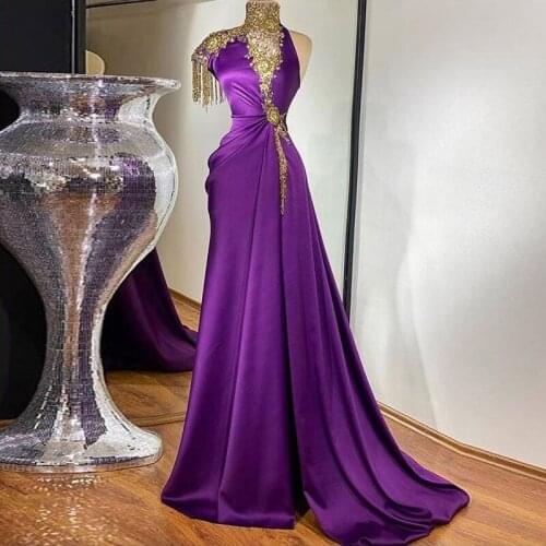 Eightale Arabic Evening Dress Beaded High Neck Purple and Gold Mermaid Elegant Dubai Appliques Long Prom Party Dress