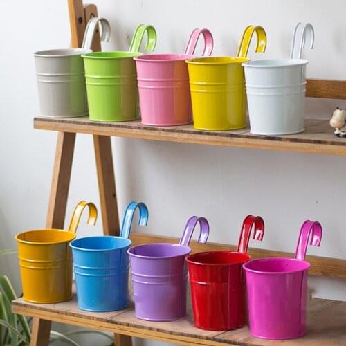 Hanging Flower Pots Garden Pots Balcony Planters Metal Bucket Flower Holders Detachable Hook Different 10pcs Colored Vases #g2