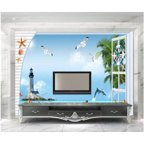Custom wallpaper 3d wallpaper for walls 3 d mediterranean wind sea blue sky lighthouse tree ,seabird seascape background wall