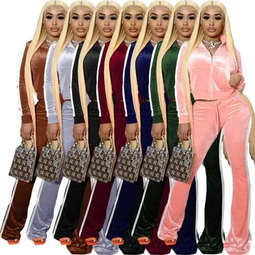 Casual Solid Patchwork Velvet Tracksuit Women Streetwear Zipper Long Sleeve Pockets Crop Top + Flare Pants Slim Two Piece Set