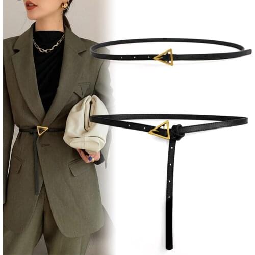 Newest Design genuine leather belt lady black alloy triangle buckle belts cowhide thin solid cinturon mujer brown red jeans gift