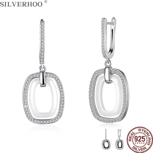 SILVERHOO Sterling Silver 925 Jewelry Geometry Hollow Full 5A Cubic Zirconia Ceramics Drop Earrings For Women Party Earring