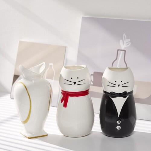 Nordic Kawaii Cat Ceramic vase decoration home Hydroponic Vases Dried Flower Arrangement jarrones Floral Ornament living room